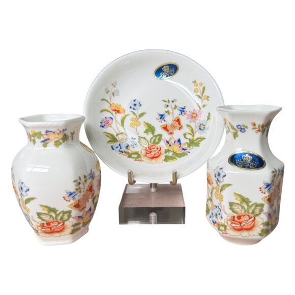 Aynsley Cottage Garden China Pin Dish & 2 Mini Bud Vases Discontinued Pattern - Picture 1 of 14